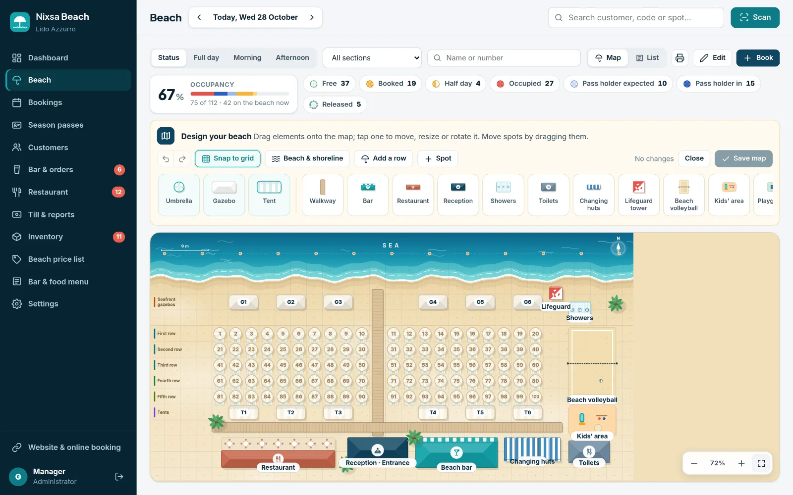 The map editor: a palette of spots and features to drag onto the beach