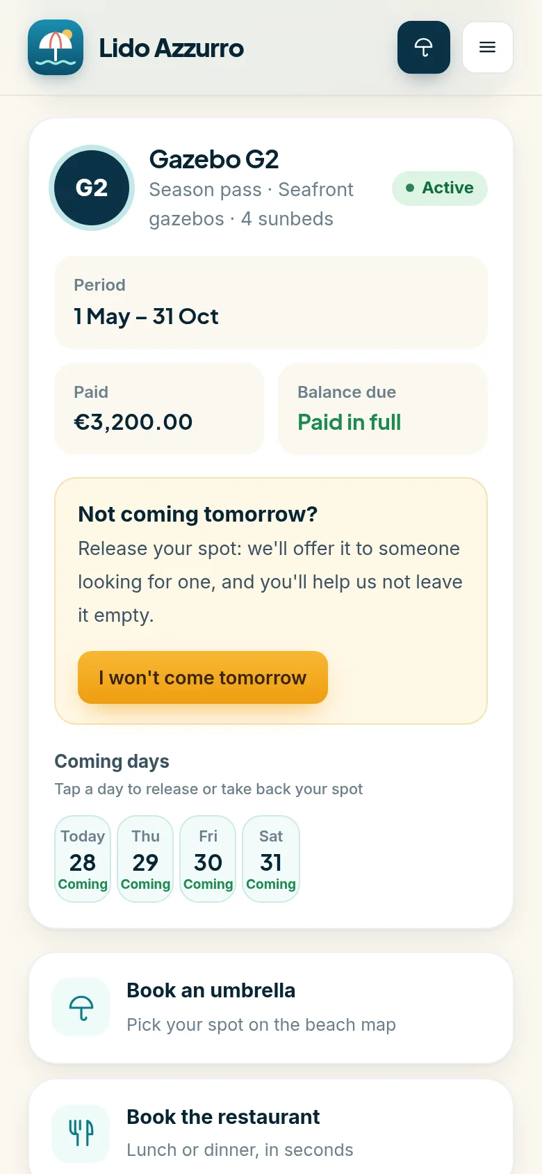 The pass holder area on a phone: the coming days, with the button to release the spot
