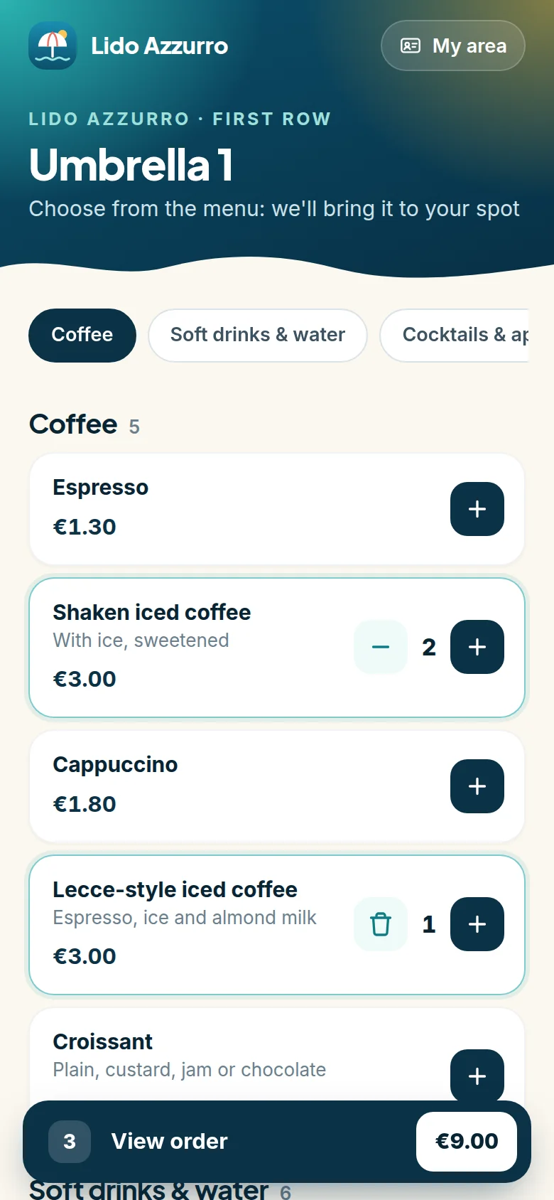 The bar menu opened from the umbrella QR code, with two items in the basket