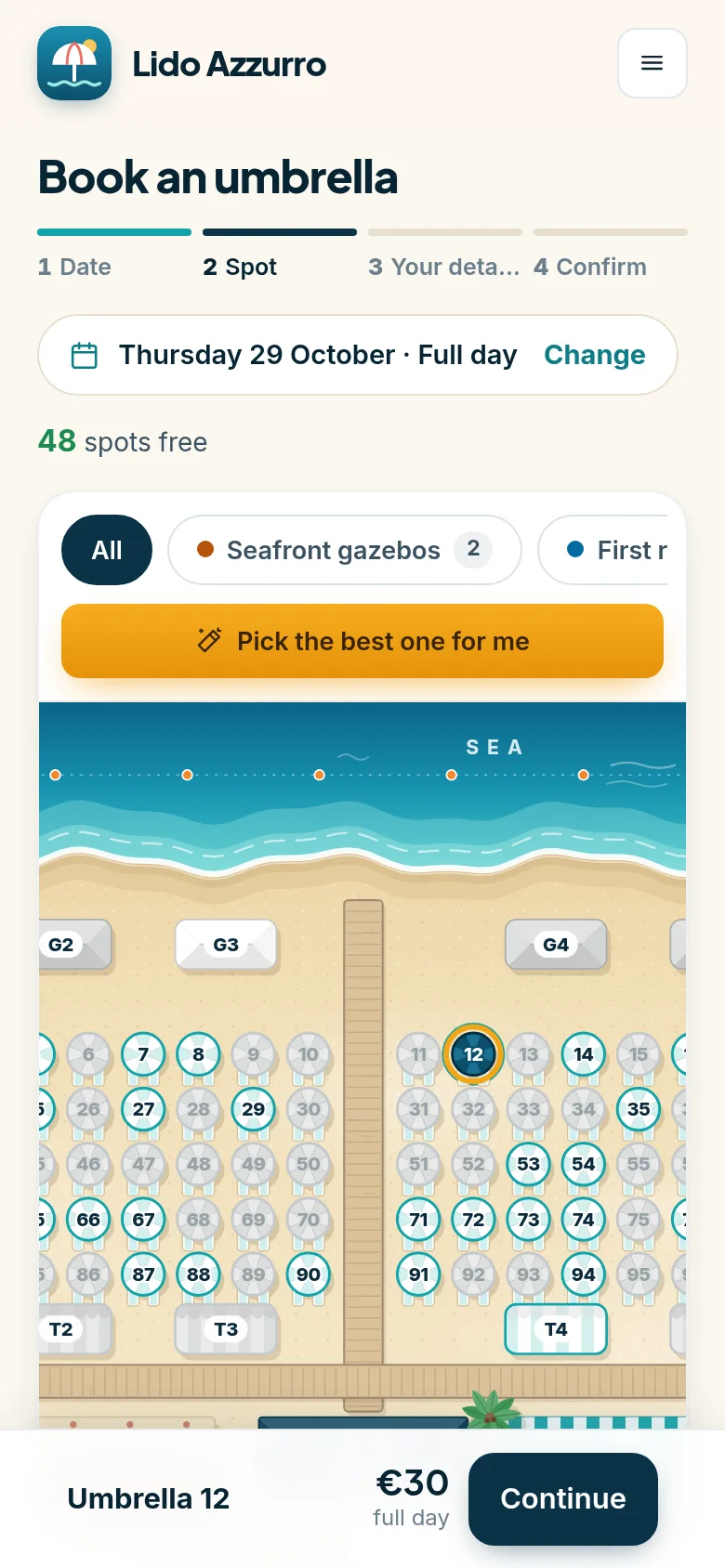 Online booking: the customer picks an umbrella on the map