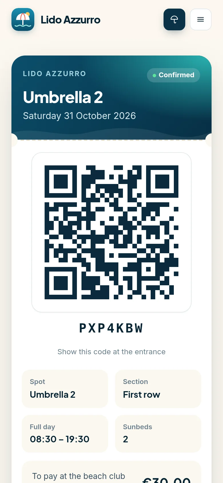 The booking page with the QR code to show on arrival