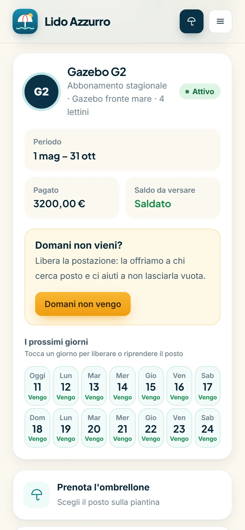 L'area dell'abbonato sul telefono: i prossimi giorni, con il pulsante per liberare la postazione
