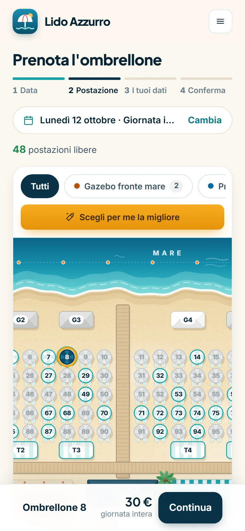 La prenotazione online: il cliente sceglie l'ombrellone sulla mappa