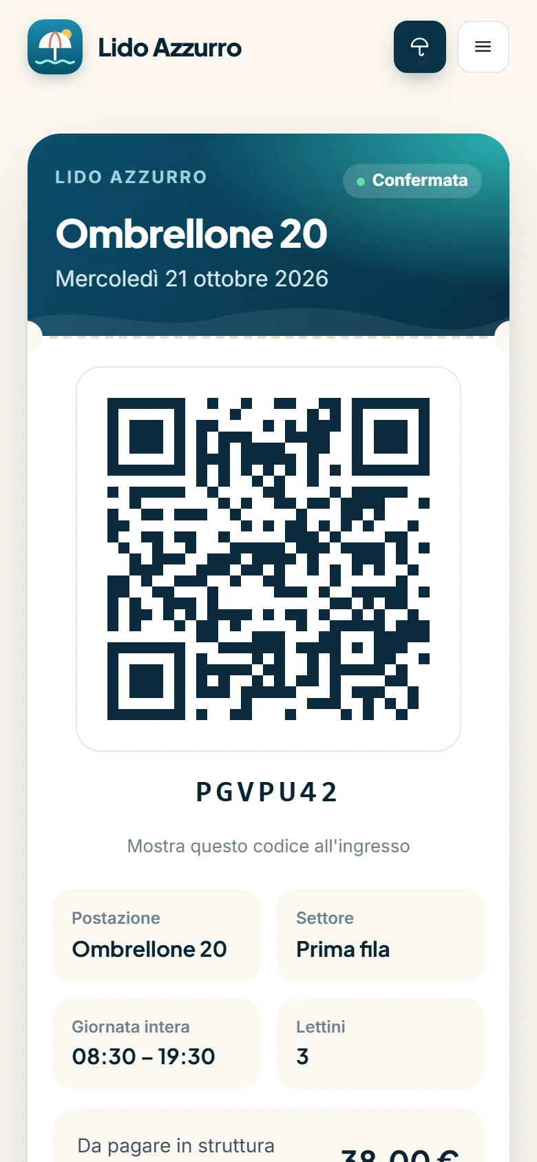 La pagina della prenotazione con il codice QR da mostrare all'ingresso